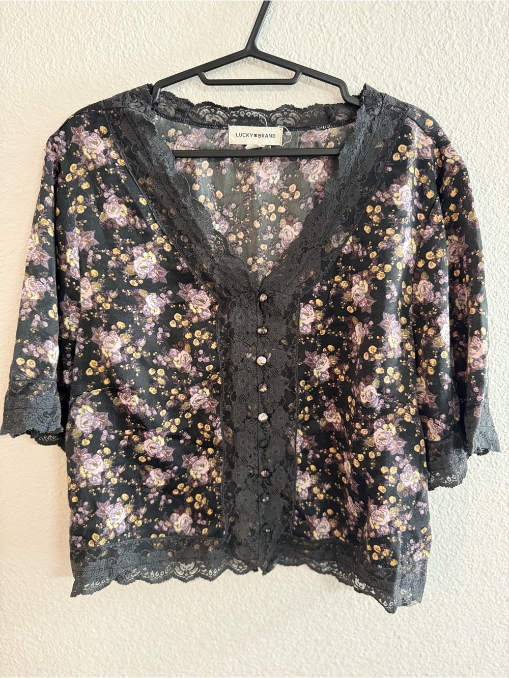 Lucky Brand Black Floral Lace-Trim Button Front Blouse